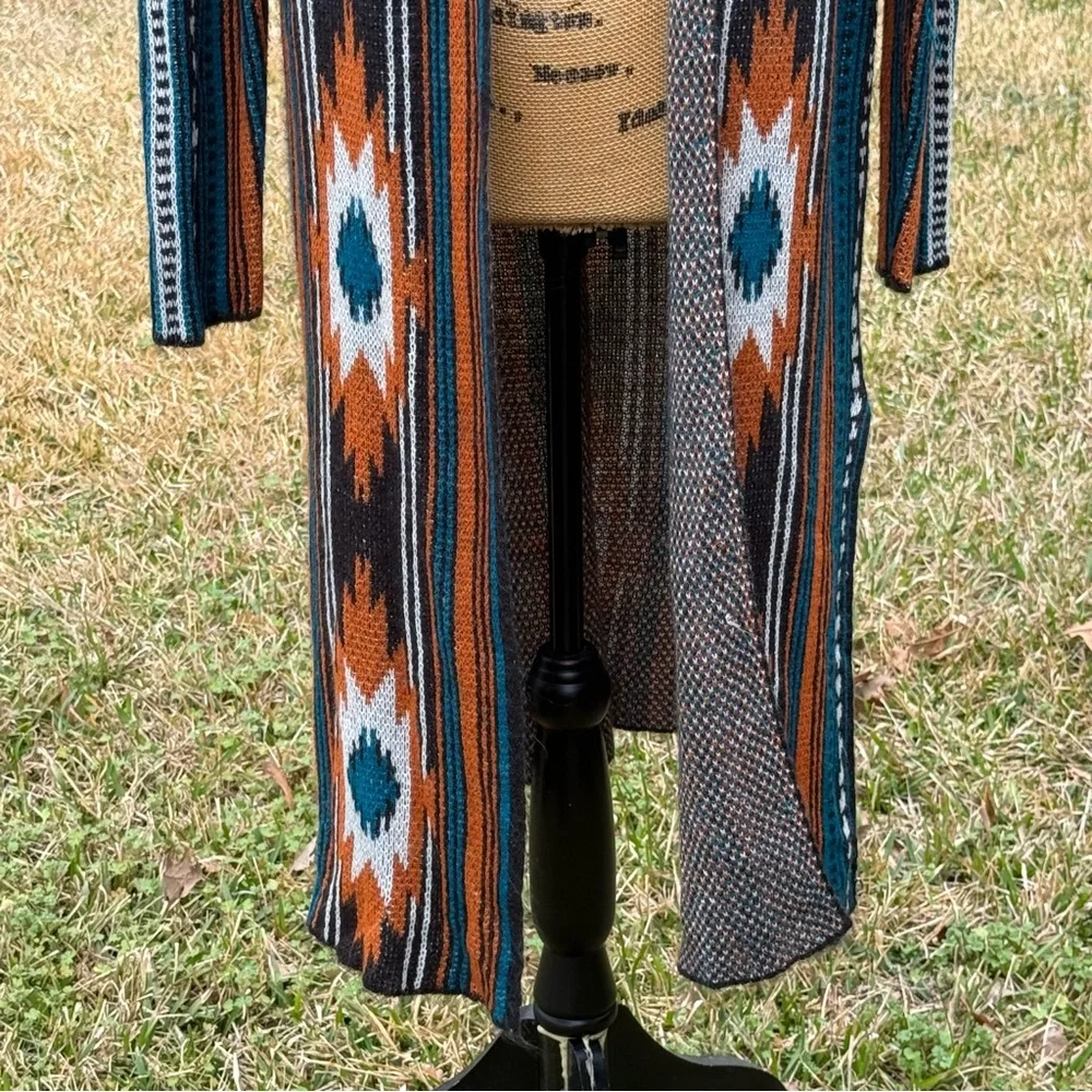 Open-Front Southwestern Pattern Long Cardigan Sweater - Teal, Rust, Cream - Picture 3 of 10